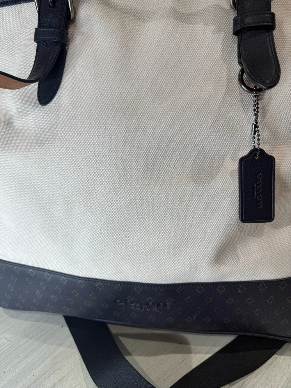 Coach Mercer Canvas Duffel/Tote in Chalk and Navy with Brown Accents- NWOT